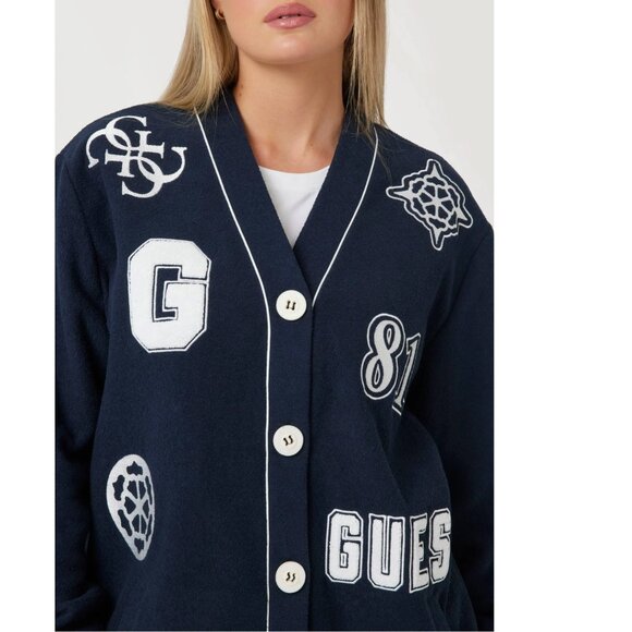 NWT GUESS Eco 81 Patch Varsity Cardigan Navy Blue Oversized Patches Y2K XL - Picture 6 of 9